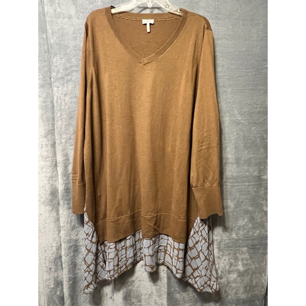 LOGO Lori‎ Goldstein 3X Tan Cotton Cashmere Tunic Layered Hem A-Line Top 56 Bust